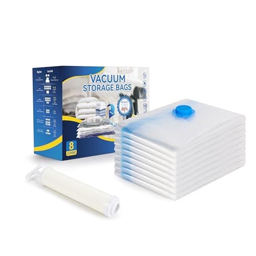Vacuum Storage Bags for Clothes, Bedding, Duvets and Blankets, Heavy-Duty Space Saver Compression Bags with Airtight Double-Zip Seal, Leak-Proof Reusable Design, Hand Pump Included (8 Jumbo-100x70cm)