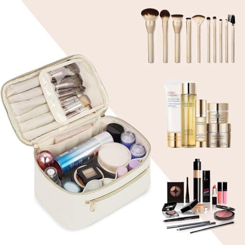 Travel Makeup Bag, Large PU Leather Cosmetic Case with Brush Compartment, Milky White — view 6