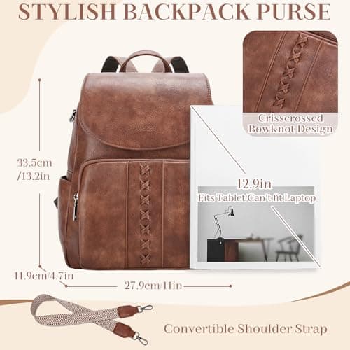 VASCHY Backpack for Women, Fashion Cute Vegan Leather Flap Backpack Convertible Handbag for Ladies with Guitar Strap Brown — view 2