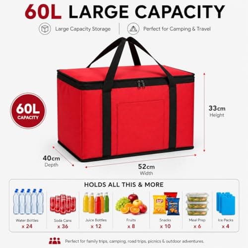 Insulated Camping Cooler Bag Large Thermal Picnic Cool Bag Red Leakproof Food Storage Tote for BBQ Beach Travel Fishing 30L/60L (60L (52 x 33 x 40cm)) — view 4