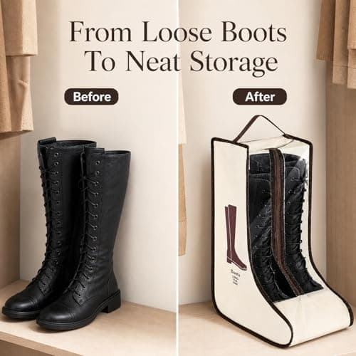 Long Boot Storage Bag, Cream, Clear Viewing Panel, Zip Opening, 1 Pair | Tall Enclosed Format, Bound Edges, Top Carry Handle, for Organising Footwear in Wardrobes and Carrying During Travel — view 6