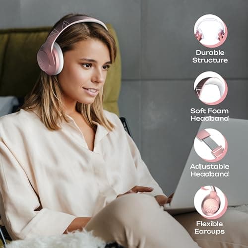 PowerLocus Bluetooth Headphones Over Ear, 50 Hours Playtime, 4 EQ Modes, Foldable Wireless Headphones with Microphone, HiFi Stereo, Lightweight & Wired Mode for Phone/Travel/PC (Rose Gold) — view 3