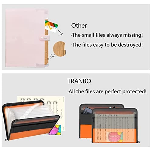 TRANBO 13 Pockets A4 Expanding File Folder with Zipper Closure, Plastic Document Wallet Organizer with Handy Front Pocket - Orange — view 3