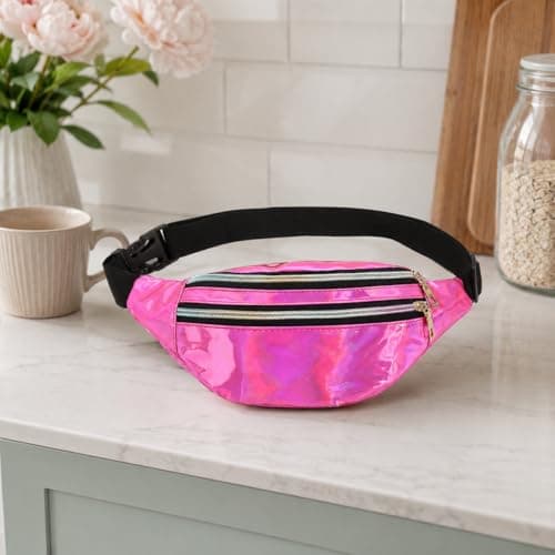 Fashion Metallic Bum Bag,Holographic Waist BagFanny Double Zipper Belt Bag Festival Rave Bumbags Waterproof Hip Pouch for Women Ladies Girls Travel Party Festival Sports Outdoor (Pink) — view 4