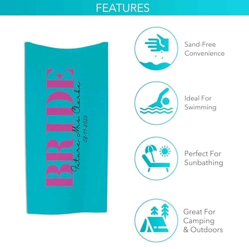 Print Maniacs Personalised Bride to Be Travel Towel Custom Name and Date Microfibre Beach Towel Large Quick Dry Lightweight Travel Towel Hen Party Honeymoon — view 4