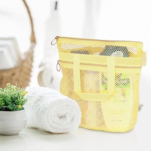 DV Lifestyle Mesh Shower Bag 25 x 26cm Caddy with Zipper & 2 Pockets. Quick-Dry Portable Toiletry Tote for Bathroom, Gym, Travel, Camp, Beach, for Sunscreen, Dorm & College Essentials (Yellow) — view 5