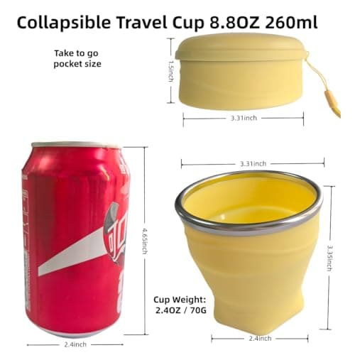 EASYXQ Collapsible Cup, 8.8oz 260ml Foldable Travel Mini Coffee Mug, BPA Free Silicone Water Cup and Lid with Stainless Steel Rim, Portable Pocket Cup for Outdoor, Hiking, Camping & Kids （Yellow） — view 3