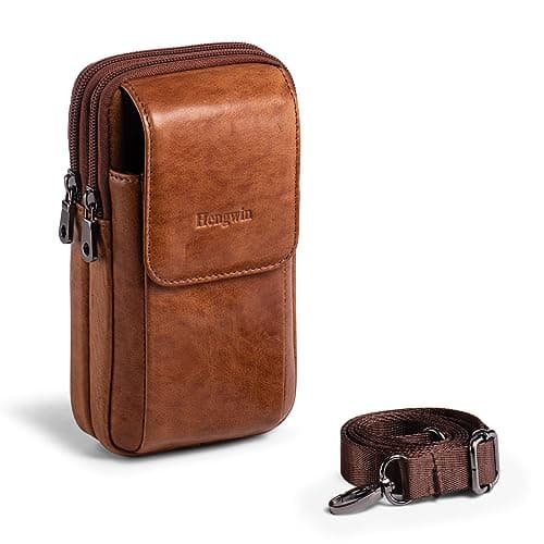 Hengwin Phone Belt Holder, Genuine Leather Cellphone Bag, Men’s Shoulder Crossbody Purse, Small Card Money Travel Pouch with Strap Mobile