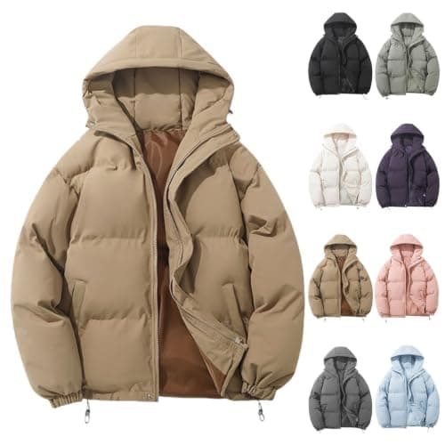 Anbiryeik Women Winter Puffer Down Jacket Hooded Waterproof Quilted Short Coat with Pockets Lightweight Ladies Parka Jackets Zip Up Windproof Packable Casual Warm Outwear for Travel Outdoor Khaki M