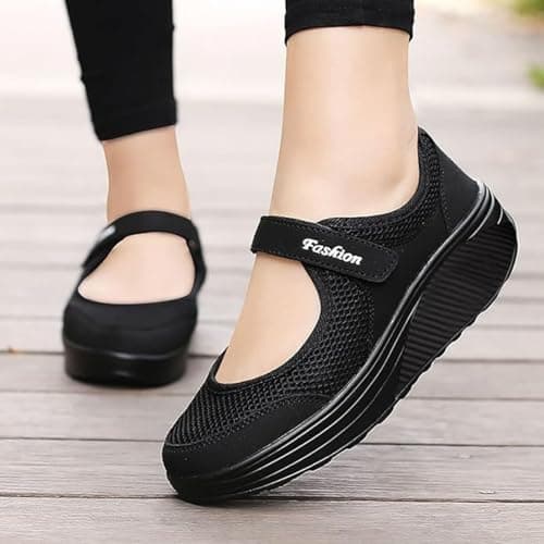 Mary Jane Sneakers for Women Wide Fit Orthopedic Trainers Walking Breathable Adjustable Strap Anti Slip Summer Casual Ladies Outdoor Sport Shoes (Z02 Black, 6) — view 2