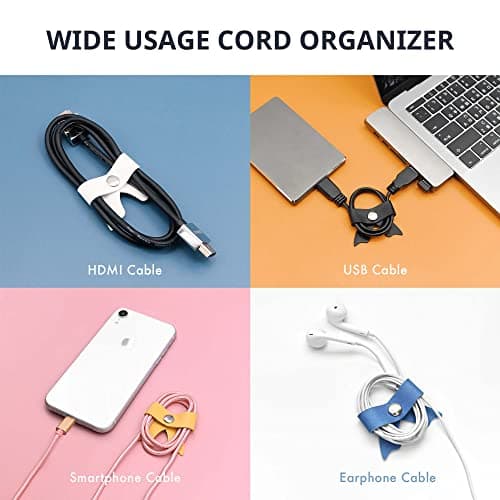 SenseAGE 5 Pack Cord Organizer, Bow Cord Keeper, Cable Organizer USB holder, Leather Cable Management, Cable Straps, Earphone winder, Straps for Electronics, Earbuds, USB Charging Cords, Small, Black — view 2