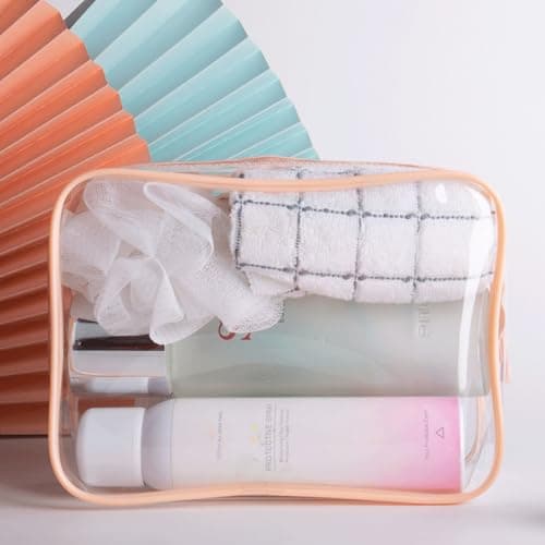 FIYUK Clear Travel Toiletry Bag TSA Approved Size Makeup Cosmetic Bag Portable Waterproof Transparent Pouch Storage, Pink — view 3