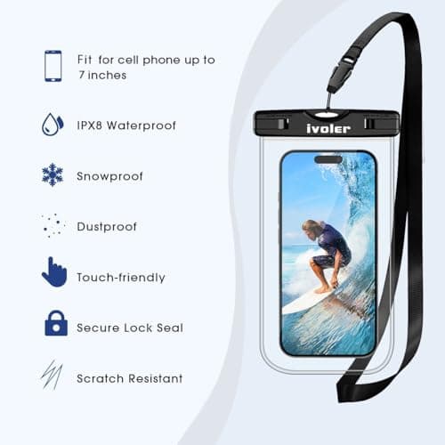 ivoler [2 Pack Waterproof Phone Case & Pouch Set, IPX8 Dry Bag with Waist Strap for Beach, Swimming, Kayaking, Fits iPhone 17 16 15 Pro Max, Samsung S26 S25 Ultra, Up to 7.0" - Black+Clear — view 3