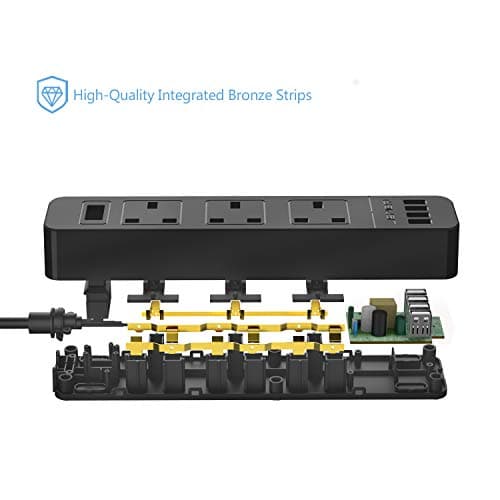 JSVER Extension Lead with 4 USB Ports Desktop Power Strip Smart Charging Station 3 Outlets USB Power Socket for Home Travel, Black — view 2