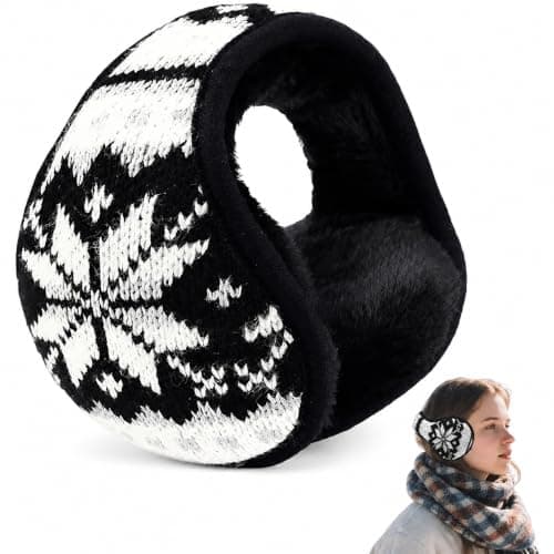 Unisex Winter Earmuffs, Foldable Behind Head Knitted Wool Ear Warmers with Adjustable Elastic Band, Snowflake Pattern Thermal Earmuffs for Outdoor Cold Weather Activities Travel