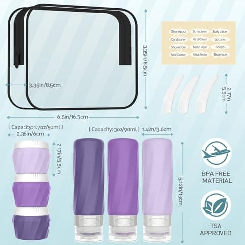 6Pcs Travel Bottles for Toiletries, TSA Approved Travel Size Toiletries Containers Set, BPA-FREE Silicone Leak Proof Refillable Bottles and Jars, Women & Men Airplane Cruise Essentials Kit (PURPLE) — view 2