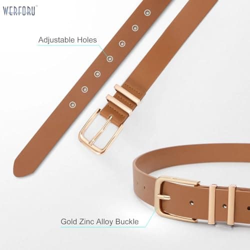 WERFORU 3 Pack Women's Leather Belts for Jeans Dresses Fashion Ladies Gold Buckle Leather Belts, Black/Brown/Beige — view 3