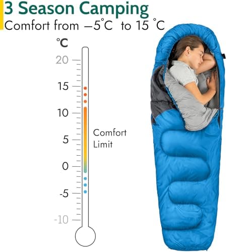 Trail Kids Sleeping Bag Mummy Shape 3 Season Camping 300gsm Boys Girls with Lightweight Rucksack Bag (Blue) — view 3