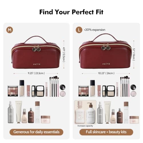 Prite Travel Makeup Bag Flat Lay Cosmetic Case with Brush Pocket, Red, L — view 3