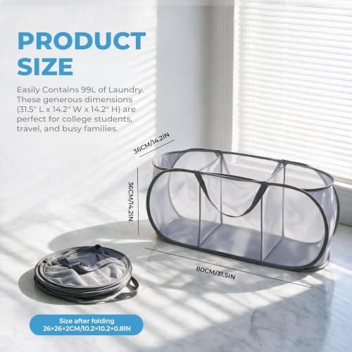 Collapsible Mesh Laundry Hamper Pop Up 3 Compartments with Handles & Pocket — view 2