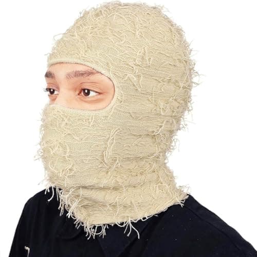 Malaxlx Distressed Balaclava Ski Mask Beige Knitted Balaclava Shiesty Full Face Mask Winter Windproof Beanie Neck Warmer for Men Women — view 6