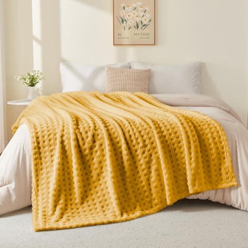 Wajade Fleece Throw Blanket, Fluffy Faux Fur Blanket for Bed Sofa Couch, Soft Warm Thick Blanket,Waffle Yellow-178X203 — view 4