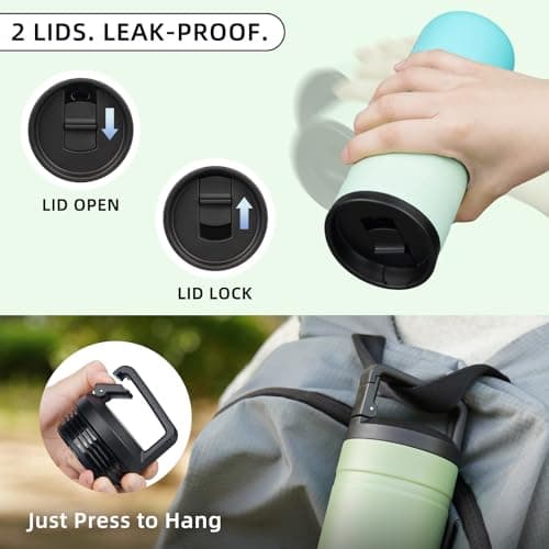 BJPKPK Insulated Water Bottle with 2 Lids,600ml Double Wall Stainless Steel Vacuum Tumbler Travel Coffee Mug,Wide Mouth Thermal Cup,Mint — view 6