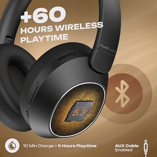 PowerLocus Hybrid Active Noise Cancelling Headphones, 60 Hours Playtime Over Ear Bluetooth Headphones, Hi-Fi Stereo Wireless Headphones with Bass Button, Foldable, with Mic for Travel,Mobile Phone,PC — view 5