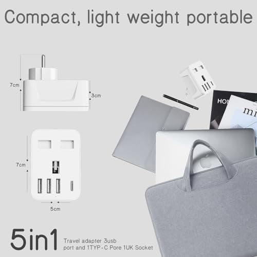 Herfair UK to European Travel Plug Adaptor,UK to EU Adapter with 3 USB A and 1 USB C Ports,5 in 1 EU Grounded Europe Power Euro Plug for Spain France Iceland Germany Greece Poland(Type E/F) White — view 6