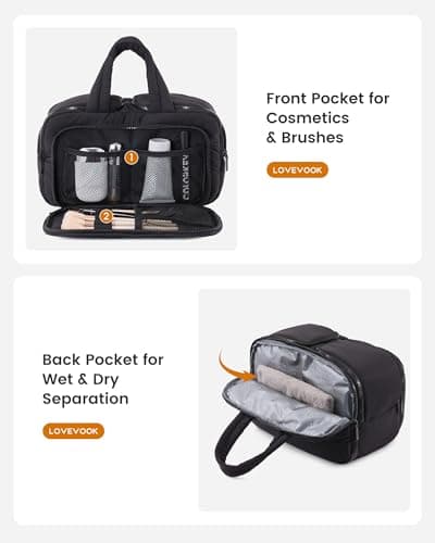 LOVEVOOK Travel Toiletry Bags for Women, Large Capacity & Wide-Open Make Up Bag, Lightweight Puffer Cosmetic Makeup Organiser Wash Bag with Handle for Toiletries, Accessories, Essentials, Black — view 5