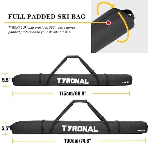 TYRONAL Ski Bag for Air Travel,Single Ski Carry Bag with Fully Padded Protection,Water-Resistant and Durable Fits Up from 175cm to 190cm Skis. (BLK, 175CM) — view 3