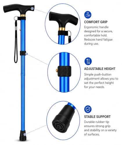 foldable walking stick adjustable collapsible walking stick lightweight aluminium cane blue folding walking stick for men women disabled mobility aids portable travel walkig cane With Wrist Strap — view 2
