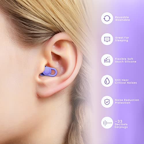 Silicone Ear Plugs for Noise Reduction - Reusable Soft Comfortable Earplugs for Sleeping,Noise Sensitivity & Flights -16 Ear Tips in XS/S/M/L, with 2 Travel Boxes - 33dB Noise Cancelling (Purple) — view 4