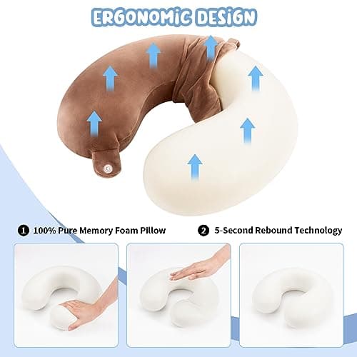 WENGX Travel Pillow Neck Pillow Memory Foam Travel Pillows Head Support Cushion for Airplane Train Car Office Travel Essential Flight Pillows for a Long Hauls Sleeping Rest (Brown) — view 3