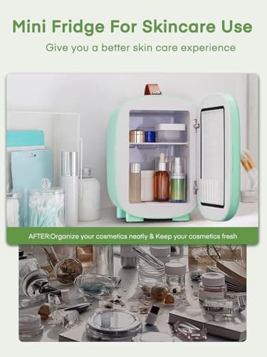 Mini Fridge 5 Liter/6 Cans, Small Fridge for Bedrooms, Cooler and Warmer, AC/DC Power, Portable for the Office, Bedroom, Car, Travel, Cosmetics/Makeup/Skincare, Green — view 3
