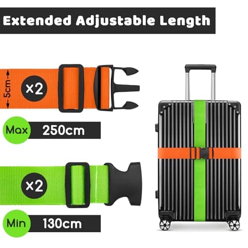WISYOK Luggage Straps Extended, 4 Pack, 130-250cm Adjustable, Green Orange — view 2