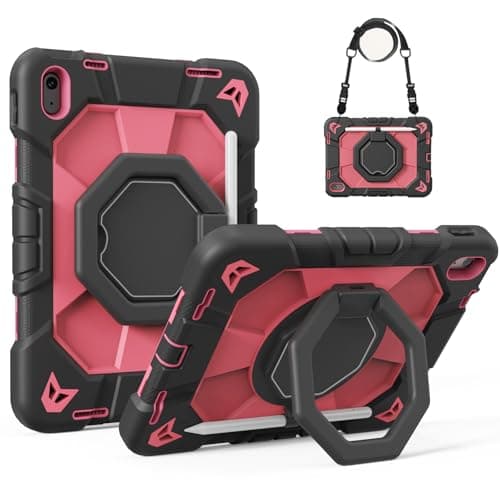 KVTVOU Shockproof Case for NEW iPad Air 11 Inch 2026/2025/2024 (M4/M3/M2), 360° Rotating Stand/Pencil Storage/Shoulder Strap, Military Grade Drop Protection Cover for iPad Air 11, Fuchsia