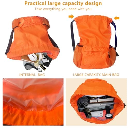 BAOWUABJ Drawstring Bags, Large Waterproof Sports Backpack Unisex Orange — view 5