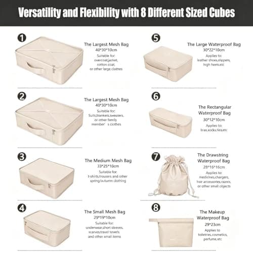 BETLLEMORY Packing Cubes 8 sets Travel Luggage Organizers with Waterproof Shoe Storage Bag Compression Pouches (Beige) — view 5