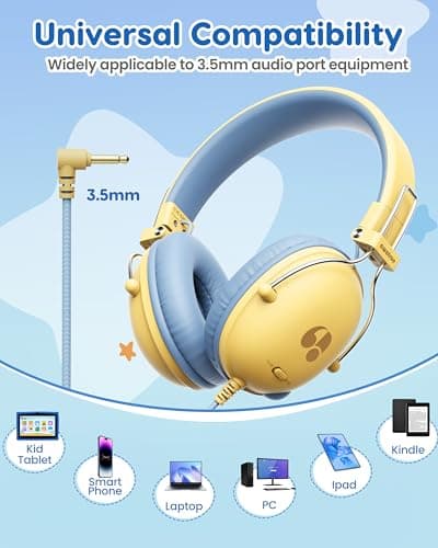 awatrue Kids Headphones, HK05 Headphones for Kids with 74/85db Safe Volume Limited, 135g, 3.5mm jack, Foldable Toddler Headphone for Girls/Yoto//Home/School/Travel/Tablet/Kindle, YellowBlue — view 6