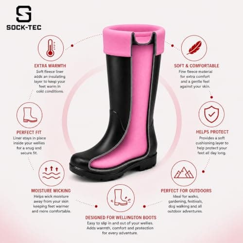 Womens Fleece Welly Socks Thermal Wellington Boot Liners Size 4-7 (Pink) — view 2