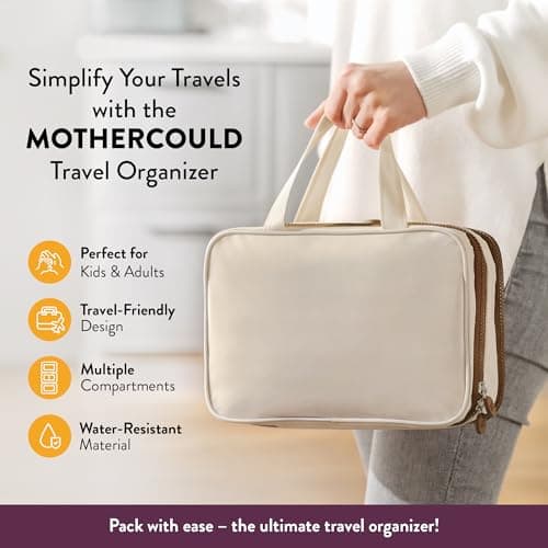 Kids Travel Organizer – Multi-Compartment, Water-Resistant Hanging Bag for Toys, Snacks, & Activities - Compact, Lightweight Design with Hook & Carry Handle - Perfect for Travel Use (Beige, Small) — view 2