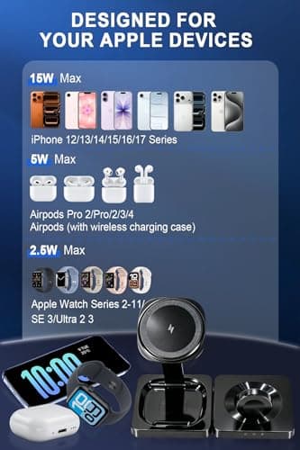 Wireless Charger Station for Apple Devices,Magnetic 3-in-1 Foldable,Travel,Charger Stand for iPhone 17 16 15 14 13 12 series,Airpods&Apple watch,with 20w Adapter. — view 3