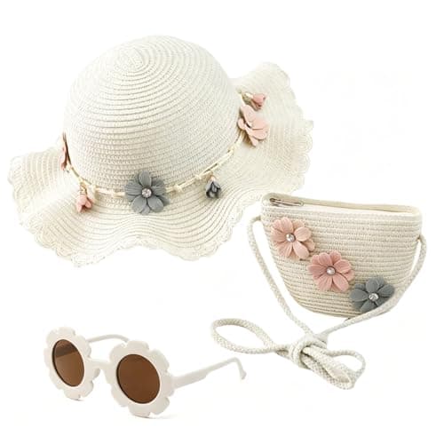Little Girls Handbag Set, Girl's Straw Bag with Flower Sunglasses&Straw Hat