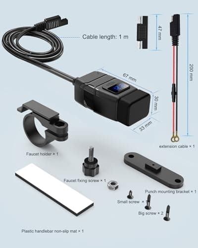 EXTRACTME Motorcycle USB Charger, 6.8A Quick Charge 3.0 Dual USB Motorcycle Phone Charger with Voltmeter & ON/Off Switch, Waterproof Quick Disconnect SAE to USB Adapter for Phone, Tablet, GPS - Blue — view 6