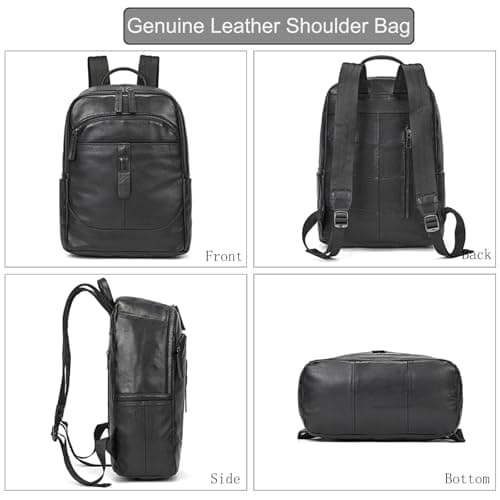 LUUFAN Genuine Leather Shoulder Bag for Men, Casual Backpack Multi Pockets Daypack 15.6 Inch Laptop Bag for Travel Business Outdoor, Black — view 2