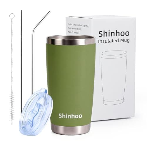 Shinhoo 20oz/ 550ml Insulated Travel Mug Reusable Coffee Cup Tumbler with Straw and Lid for Hot Cold Drinks (Navy Green)