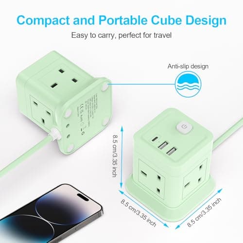 3M Extension Lead Cube With USB, BEVA 4 Way Power Strip With 3 USB Ports, Extension Socket With Switch Multi Plug Extension with 3 Metre Extension Cords For Home Office Travel-Green — view 5