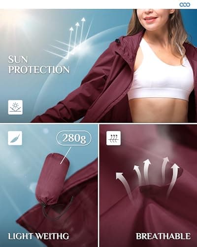 33,000ft Women's Rain Jacket Lightweight Hooded Long Rain Coat Waterproof Jacket Ladies Packable Functional Jacket Windbreaker Breathable Active Outdoor Coats Wine RedM/12 — view 4