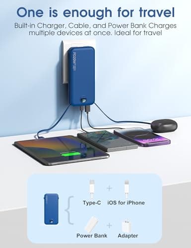 Citicr Portable Charger 10000mAh PD20W w/Built-in Cables & Wall Plug Navy — view 4